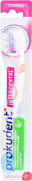 Prokudent Interdental średnia szczoteczka, biała z pomarańczem, w przezroczystym opakowaniu.