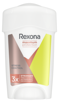 Biały antyperspirant Rexona Maximum Protection Stress Control w kremie, widok z przodu, z geometryczną grafiką.