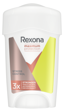 Biały antyperspirant Rexona Maximum Protection Stress Control w kremie, widok z przodu, z geometryczną grafiką.