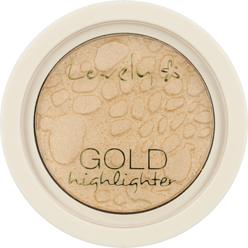 Okrągły, biały rozświetlacz do twarzy Lovely GOLD highlighter w kamieniu, złoty kolor, faktura kamyków.