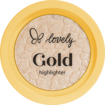 Okrągły rozświetlacz Lovely Gold w żółtym kompakcie. Złoty, błyszczący puder z wytłaczanym wzorem. Widok z góry.