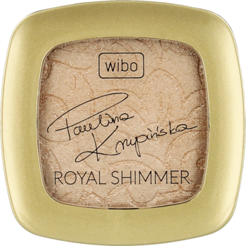 Wibo Royal Shimmer prasowany rozświetlacz w złotym kompakcie, z podpisem i iskrzącym wzorem, widok z góry.