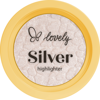 Lovely Silver rozświetlacz w żółtym kompakcie, chłodny srebrny puder z napisem Silver i Lovely, widok z góry.