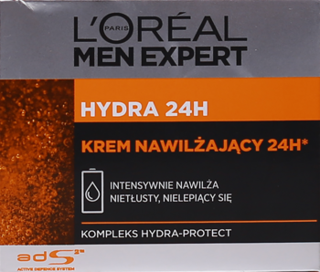 Męski krem L'Oréal Men Expert Hydra 24H, intensywnie nawilżający, w szaro-pomarańczowym opakowaniu, widok z przodu.