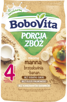 BoboVita Porcja Zbóż, mleczna manna brzoskwiniowo-bananowa dla niemowląt 4m+. Beżowe opakowanie, zielone logo, owoce.