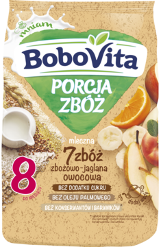Saszetka BoboVita PORCJA ZBÓŻ mleczna 7 zbóż z owocami, widok z przodu. Beżowo-zielone opakowanie.