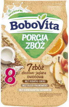 Saszetka BoboVita PORCJA ZBÓŻ mleczna 7 zbóż z owocami, widok z przodu. Beżowo-zielone opakowanie.