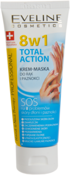 Eveline Total Action 8w1 krem-maska do rąk i paznokci. Biała tuba z żółtym bokiem i niebieskim tłem, widok z przodu.