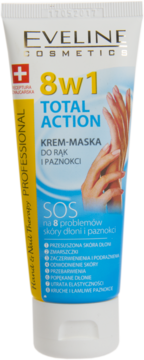 Eveline Total Action 8w1 krem-maska do rąk i paznokci. Biała tuba z żółtym bokiem i niebieskim tłem, widok z przodu.