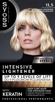Syoss 13_5 Platinum Lightener, front box z blond modelką, do 9 poziomów rozjaśnienia, keratyną i efektem anti-yellow.