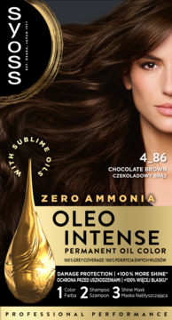 Trwała farba Syoss Oleo Intense, Czekoladowy Brąz 4-86, bez amoniaku, z przodu, z modelką i olejkiem.