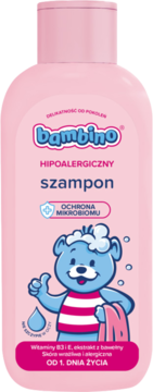 Różowa butelka szamponu Bambino dla niemowląt, hipoalergiczny, od 1. dnia życia, z misiem i pianą.