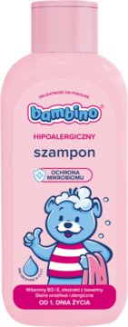 Różowa butelka szamponu Bambino dla niemowląt, hipoalergiczny, od 1. dnia życia, z misiem i pianą.
