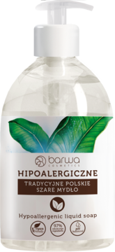 Barwa Cosmetics Hipoalergiczne Tradycyjne Polskie Szare Mydło w płynie, przezroczysta butelka z pompką, widok z przodu.