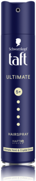 Schwarzkopf Taft Ultimate Hairspray w ciemnoniebieskiej butelce, przód, 5+ utrwalenie, krystaliczny blask.