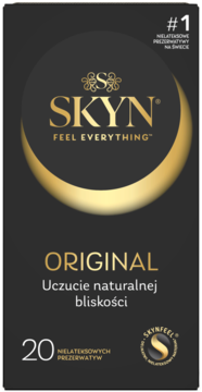 Czarna paczka SKYN Original, #1 nielateksowe prezerwatywy, ze złotym logo, napis 'Feel Everything', widok z przodu.
