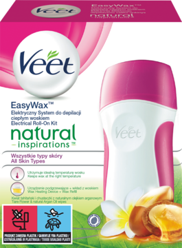 Veet EasyWax Natural Inspirations, elektryczny zestaw do depilacji roll-on, różowo-zielone opakowanie i urządzenie.