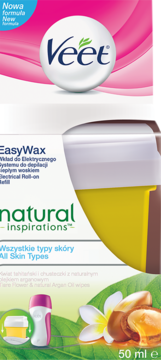 Veet EasyWax Natural Inspirations 50ml roll-on wax refill, argan oil & tiare flower, front view.