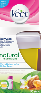 Veet EasyWax Natural Inspirations 50ml roll-on wax refill, argan oil & tiare flower, front view.