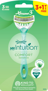 Maszynka Wilkinson Sword Xtreme3 My Intuition Comfort Sensitive, zielone opakowanie, 3 ostrza, 3+1 gratis.