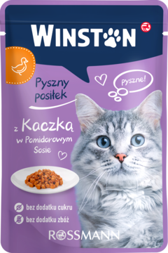 Fioletowa saszetka karmy Winston dla kota z kaczką w sosie, z wizerunkiem kota i logiem Rossmann.