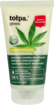 Tołpa Green wzmacniająca odżywka-maska do włosów, biała tubka z dużą zieloną grafiką liścia konopi.