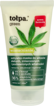 Tołpa Green wzmacniająca odżywka-maska do włosów, biała tubka z dużą zieloną grafiką liścia konopi.