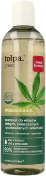 Tołpa Green szampon wzmacniający z konopi i awokado, przezroczysta butelka z zieloną etykietą, widok z przodu.