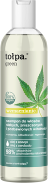 Szampon Tołpa Green wzmacniający z konopi i awokado, 100% vegan, do włosów słabych, widok z przodu.