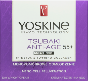 YOSKINE TSUBAKI ANTI-AGE 55+ krem na dzień i noc. Fioletowo-białe pudełko, widok z przodu.
