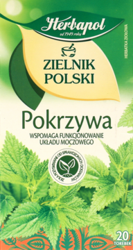 Przednie opakowanie herbaty Herbapol Zielnik Polski Pokrzywa, zielono-beżowe, z grafiką liści pokrzywy, wspiera układ moczowy.