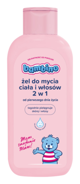 Różowy żel Bambino 2w1 do mycia ciała i włosów dla niemowląt, z niebieskim misiem, widok z przodu.