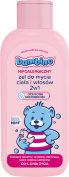 Bambino hipoalergiczny żel 2w1 do mycia ciała i włosów w różowej butelce z niebieskim misiem, widok z przodu.