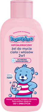 Bambino Hipoalergiczny żel 2w1 do mycia ciała i włosów w różowej butelce z misiem, widok z przodu.