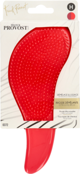 Czerwona szczotka Franck Provost detangler do włosów, w opakowaniu, widoczne wypustki i kształt.