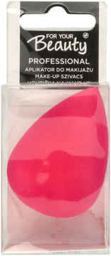 Hot pink, teardrop makeup sponge 'For Your Beauty Professional' in clear plastic packaging, front view.