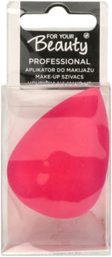 Hot pink, teardrop makeup sponge 'For Your Beauty Professional' in clear plastic packaging, front view.