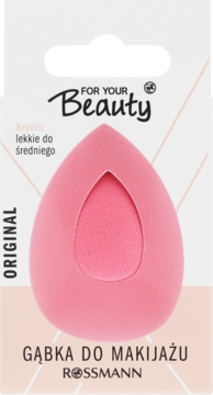 Różowa gąbka do makijażu For Your Beauty, kształt jajka, krycie lekkie/średnie, w opakowaniu Rossmann, widok z przodu.