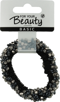 Czarna gumka do włosów For Your Beauty Basic, gęsto zdobiona metalicznymi i ciemnymi koralikami, widok z przodu.