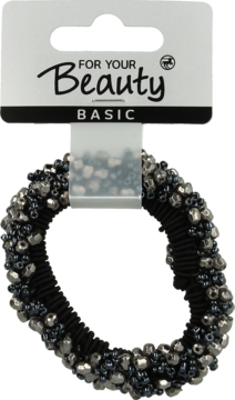 Czarna gumka do włosów For Your Beauty Basic, gęsto zdobiona metalicznymi i ciemnymi koralikami, widok z przodu.