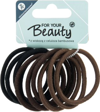Zestaw 10 elastycznych gumek do włosów z wiskozą bambusową, czarne i brązowe, na opakowaniu, widok z przodu.
