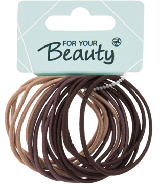 Gumki do włosów brązowe i beżowe, 15 sztuk, ułożone w pęczek, z metką 'FOR YOUR Beauty', widok z przodu.