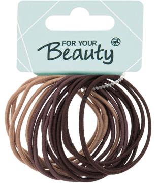Gumki do włosów brązowe i beżowe, 15 sztuk, ułożone w pęczek, z metką 'FOR YOUR Beauty', widok z przodu.