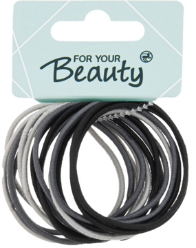 Elastyczne gumki do włosów w spiralach, czerń, szarość i biel, na opakowaniu 'FOR YOUR Beauty'.