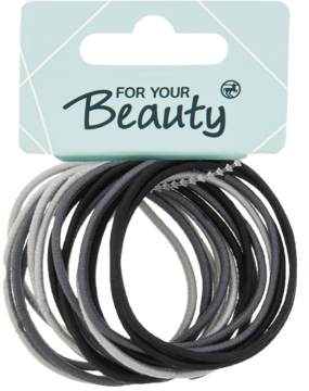 Elastyczne gumki do włosów w spiralach, czerń, szarość i biel, na opakowaniu 'FOR YOUR Beauty'.