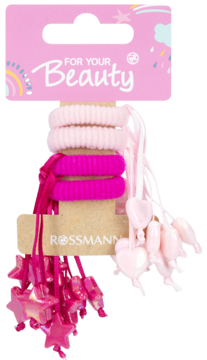 Różowe i białe gumki do włosów Joy z ozdobami w kształcie serc i gwiazd, na opakowaniu Rossmann.