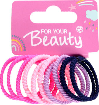 Kolorowe gumki spiralne do włosów Maida, 8 sztuk, róż, fiolet, granat, na różowym opakowaniu Beauty, widok z przodu.