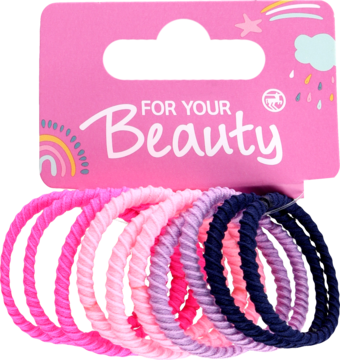 Kolorowe gumki spiralne do włosów Maida, 8 sztuk, róż, fiolet, granat, na różowym opakowaniu Beauty, widok z przodu.