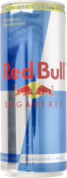 Puszka Red Bull Sugarfree, biało-niebieska z czerwonym logo, widok z przodu, z napisem BEZ CUKRU.