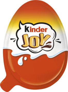Kinder Joy jajko: biało-pomarańczowe opakowanie z logo Kinder Joy, czekoladowymi detalami, widok z przodu.